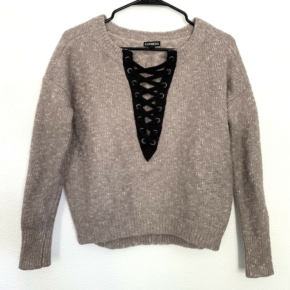 Express Mauve Pink Fuzzy Lace Up Sweater_4
